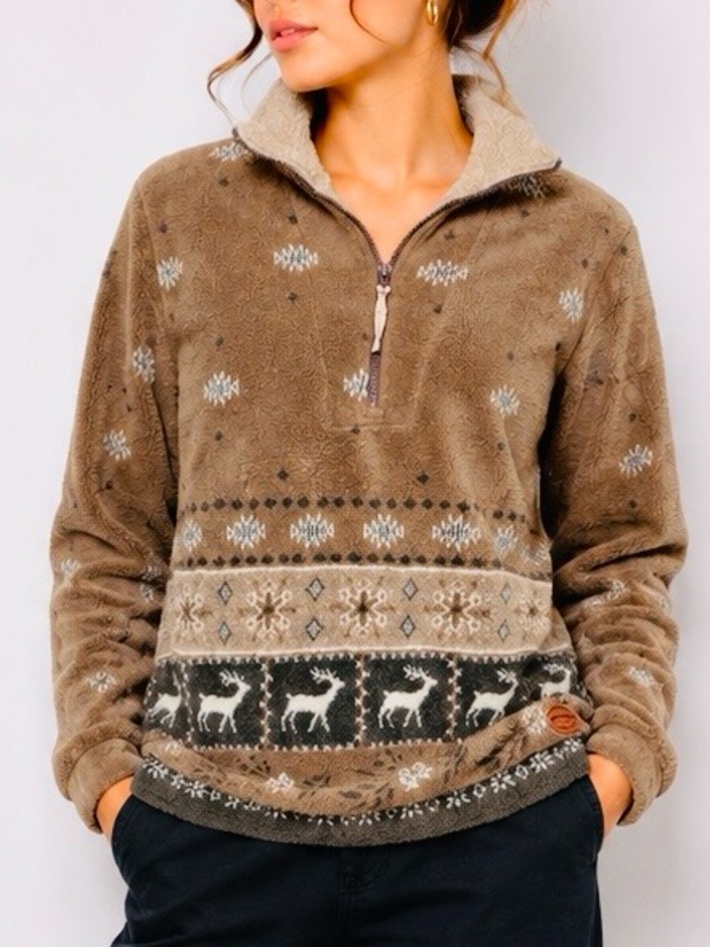 Vintage Woolrich Fleece Sweater Jacket Neutral Fair Isle Deer Pullover Warm Cozy